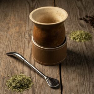 KIT: Mate camionero + posa mate de cuero crudo regulable +  bombilla acero inox.