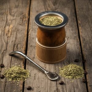 KIT: Mate camionero con boquilla acero inox + posa mate de cuero crudo regulable + bombilla acero inox.